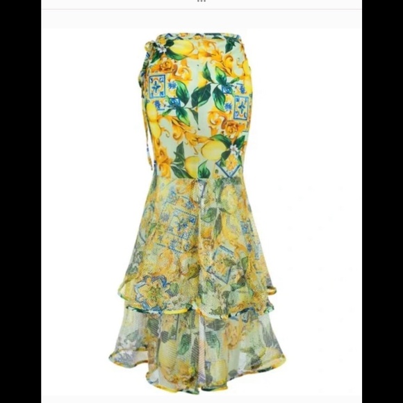 FLAXMAKER Lemons & Tiles Bathing / Swimsuit One Piece w/ Sarong Wrap Sz S / M - Picture 5 of 7